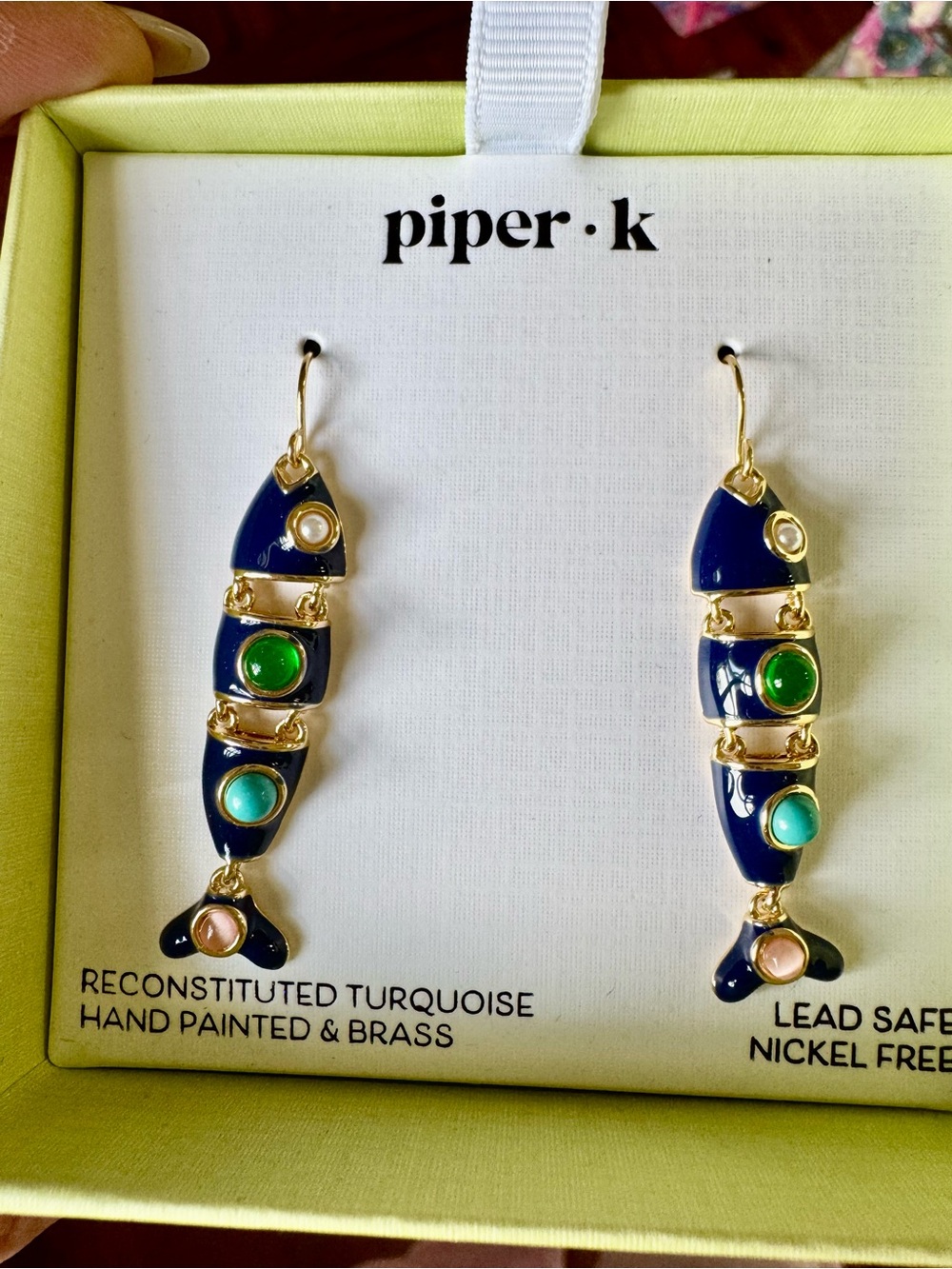 Piper•k Articulated Fish Dangle Earrings with Turquoise & Hand Painted Brass